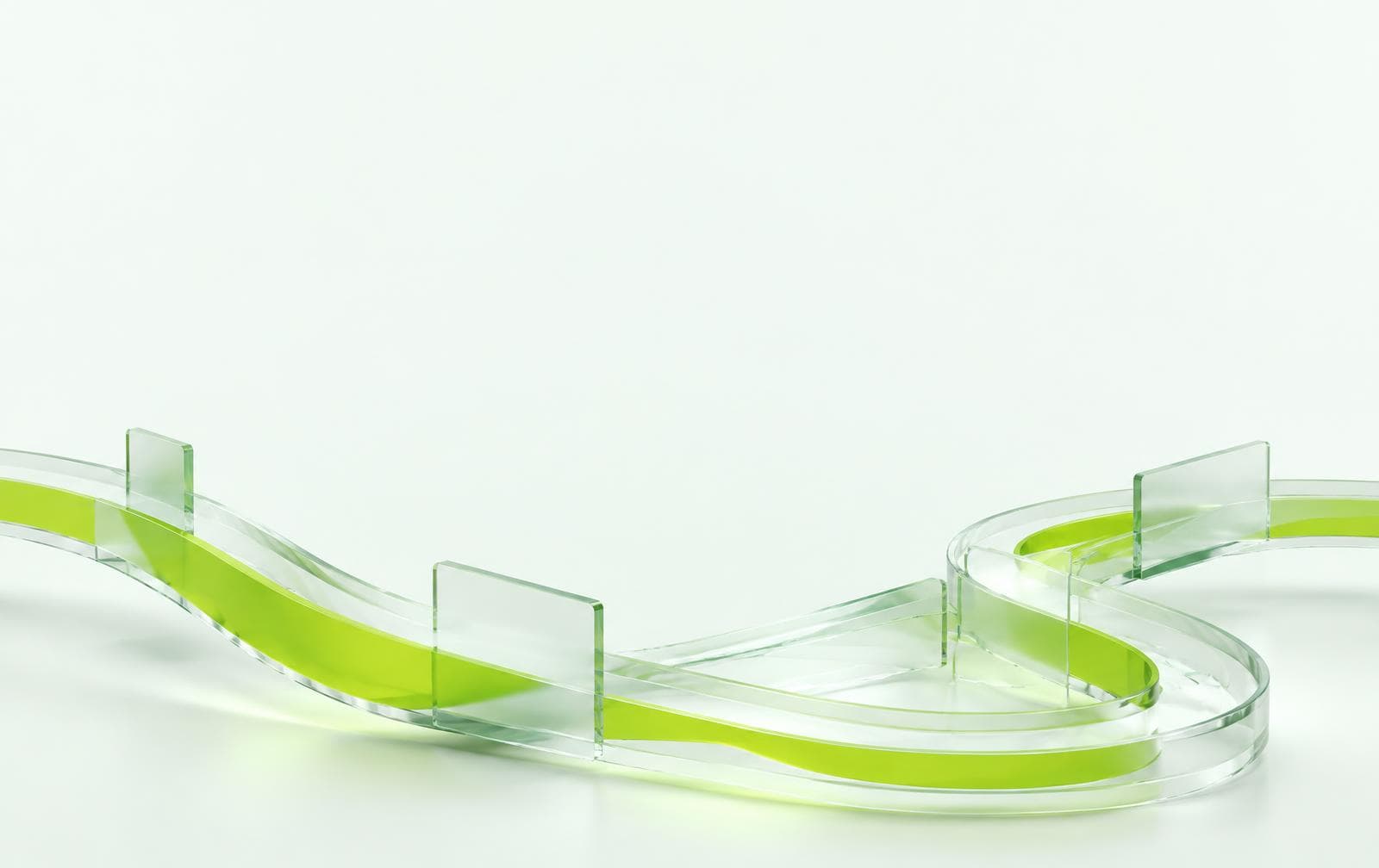 A continuous lime-green ribbon loop flowing through glass checkpoints